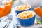 Delicious mini casserole with cottage cheese and pumpkin for breakfast. White background