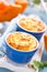 Delicious mini casserole with cottage cheese and pumpkin for breakfast. White background