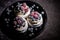 Delicious mini pavlova meringue desserts served with frozen frosty berries and mascarpone whipped cheese