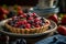 Delicious mixed berry pie adorned with fresh raspberries, blueberries, and strawberries on a minimalist white plate, generative AI
