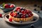 Delicious mixed berry pie adorned with fresh raspberries, blueberries, and strawberries on a minimalist white plate, generative AI