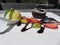 Delicious molten chocolate cake with fresh fruit and vanilla ice cream on rustic outdoor wooden table at summer