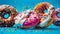 Delicious multi-colored donuts on a colored background cream snack