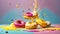 Delicious multi-colored donuts on a colored round cream snack concept gastronomy