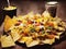 Delicious nachos dish with melted cheddar and jalapneos on a wooden table