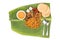 Delicious nasi briyani meal with mutton, dhal on banana leaf