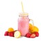 Delicious natural pink smoothie in a closed glass jar with fresh lemons and strawberries around, isolated on a white background.