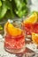 Delicious negroni cocktails with campari, gin, vermouth and slices of citrus orange and ice