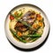 Delicious Noodles Dish With Roasted Herring Steak And Asparagus