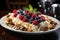 Delicious and nutritious oatmeal bowl with mixed nuts and fresh berries on a white plate