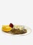 Delicious and nutritious roast beef dinner with sauce, sesame seasoned rice accompanied by oranges and strawberry isolated on plat