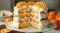 A delicious of orange cream cake, topped with slices of fresh orange and creamy icing