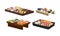 Delicious Oriental Takeaway Sushi Set on Wooden Plank Vector Set
