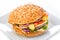 Delicious original american hamburger with grilled beef and vegetables on white plate, snack or lunch, product photography for res