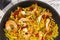 Delicious paella in pan with shrimps.