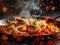Delicious paella photography, explosion flavors, studio lighting, studio background, well-lit, vibrant colors, sharp