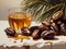 Delicious Palm dates fruit pouring with honey for Iftar. Ramadan Kareem. Islamic background. Copy space