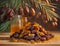 Delicious Palm dates fruit pouring with honey for Iftar. Ramadan Kareem. Islamic background. Copy space