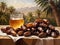 Delicious Palm dates fruit pouring with honey for Iftar. Ramadan Kareem. Islamic background. Copy space