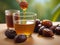 Delicious Palm dates fruit pouring with honey for Iftar. Ramadan Kareem. Islamic background. Copy space