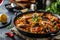 A delicious pan of paella filled with succulent shrimp and fresh mussels, ready to be enjoyed, Dish of traditional Spanish Paella