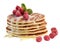 Delicious pancakes with berries, honey or maple syrup. Homemade pancakes and sweet syrup in isolation