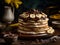 Delicious pancakes cake with bananas, cream and chocolate on a dark and luxury background