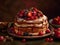 Delicious pancakes cake with fresh blueberries, raspberries, blackberries, cherries, strawberries, cream and chocolate