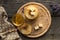 Delicious pancakes on wooden table with honey and butter. Overhead view.