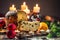 Delicious panettone on christmas table wit decorations and advent wreath and candles