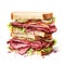 Delicious Pastrami sandwich with beef and lettuce on a white background