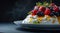Delicious Pavlova with Fresh Berries and Cream on Dark Background