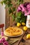 Delicious pear pie from yellow pears on a wooden background
