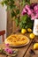 Delicious pear pie from yellow pears on a wooden background