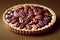 Delicious pecan pie in shortbread dough on wooden table