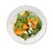 Delicious persimmon salad with blue cheese and spinach isolated on white, top view