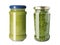 Delicious pesto sauce in glass jars on background
