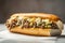 Delicious Philly cheesesteak with chopped ribeye steak with pickles green peppers onions and provolone cheese in a crisp roll.