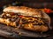 Delicious Philly cheesesteak photography, explosion flavors, studio lighting, studio background, well-lit, vibrant