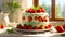 Delicious pie with fresh strawberries, cream, mint holiday beautiful summer bakery gourmet