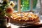 Delicious pie on the windowsill, bright sunny weather pastries and culinary dish