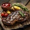 Delicious piece of ribeye or sirloin tender grilled steak with extras On wooden table