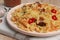 Delicious pilaf with meat on wooden table, closeup