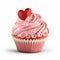 Delicious pink cupcake with a red heart on a white background, illustration ai generative
