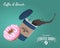 Delicious pink donut and cup of coffee on blue background. Tasty sweets with copy space. Realistic vector illustration.