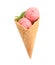 Delicious pink ice cream with mint in waffle  on white background