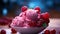Delicious pink ice cream with ripe raspberries on a saucer, close-up, selective focus