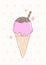 Delicious pink ice cream in waffle cone, chocolate topping, biscuit, colorful sprinkles. Vector.