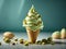 Delicious pistachio gelato ice cream cone, the crisp waffle cone whispers