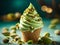 Delicious pistachio gelato ice cream cone, the crisp waffle cone whispers